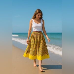 MAX Vintage Prairie Boho 100% cotton Yellow‎ Print Skirt in Small